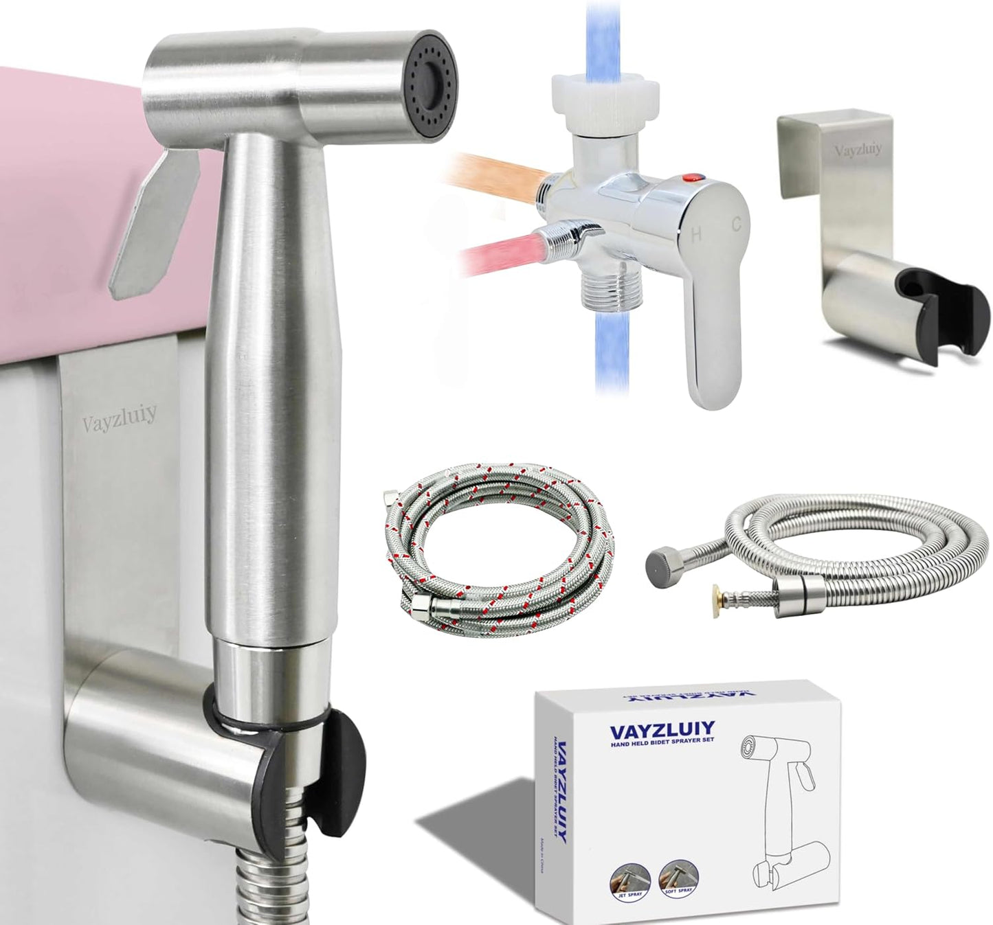 Vayzluiy Handheld Toilet Bidet Sprayer for Toilet-Adjustable Water Pressure Control with Bidet Hose for Feminine Wash, Stainless Steel Brushed Nickel Cloth Diaper for Baby Wash (Stainless Steel, 1)