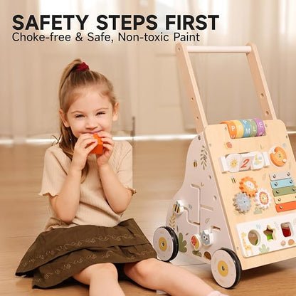 Wooden Baby Walker with Wheels,Adjustable Speed Baby Push Walker for Boys and Girls,Montessori Activity Center Walking Toys for 1 Year Old Learning to Walk,First Birthday Gift