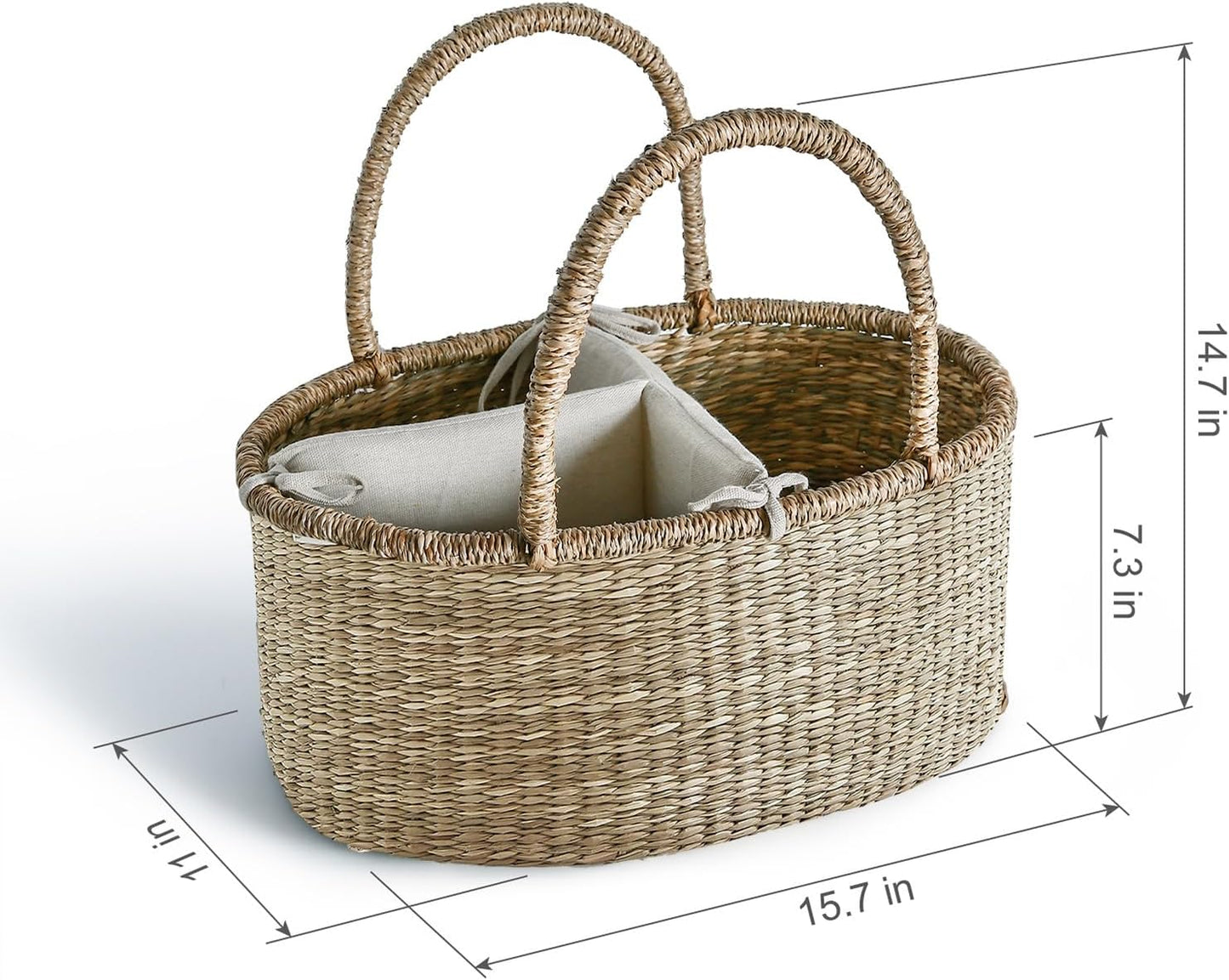 Premium Wicker Baby Diaper Caddy Organizer, Woven Seagrass Basket with Handles, Diaper Basket with Dividers (Seagrass)