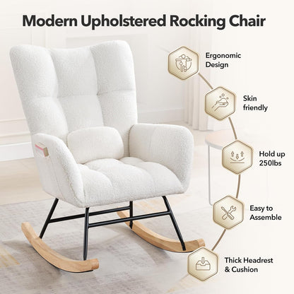300lb Capacity Nursery Glider Rocker,Teddy Upholstered with Wood Legs for Living Room,Bedroom Nursery Includes Side Pockets