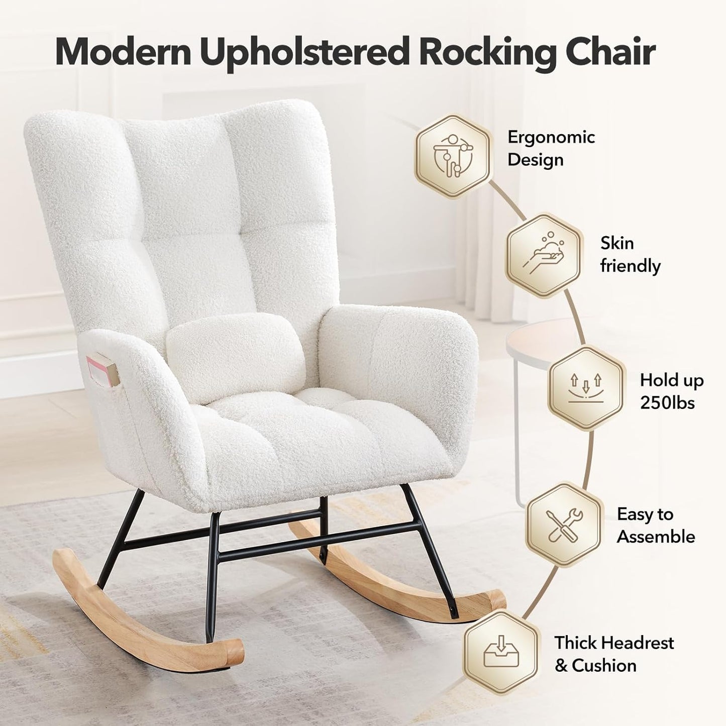 Garvee Teddy Fleece Nursery Rocking Chair,Upholstered Baby Glider Rocker with Soft Seat and High Backrest,Modern 300 Lbs Weight Capacity Accent Recliner for Living Room, Bedroom