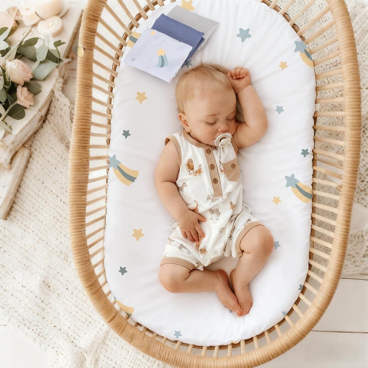 3 Pack Stretchy Bassinet Sheets 20" x 33" Compatible with Baby Delight, Angelbliss, Maxi-COSI & Most Regular Size Bedside Sleeper- Soft Breathable Fitted Bassinet Sheets for Baby - Yellow & Flower