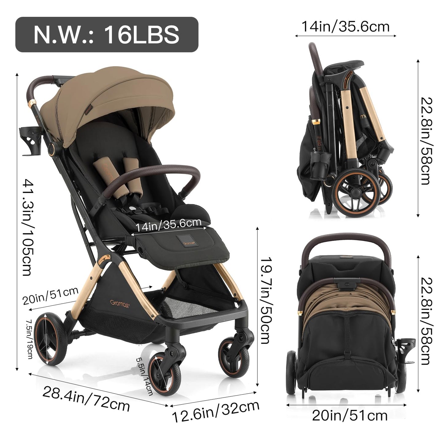 Gromast Gravity Folding Baby Stroller - Portable Travel Toddler Stroller w/Adjustable Backrest, Canopy & Cup Holder, Lightweight and UV Protected, One-Hand Automatic Folding - Green