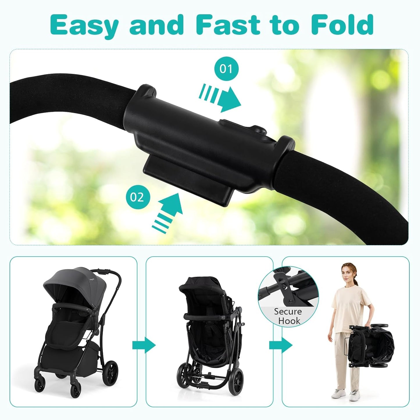 BABY JOY 2 in 1 Baby Stroller, High Landscape Convertible Bassinet Stroller with Reversible Seat, Adjustable Backrest & Canopy, Foldable Pushchair Pram Stroller for Newborn Toddler 0-36 Months (Black)