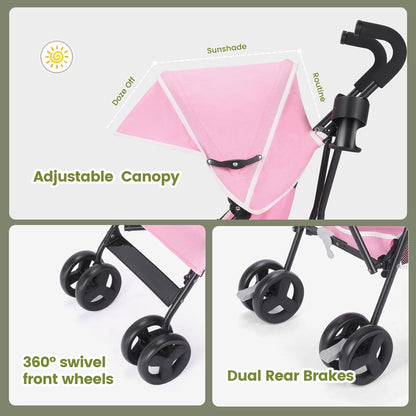One-Handed Folding Lightweight Stroller, Large Storage Basket, Canopy, Cup Holder, Compact Umbrella Stroller Durable Frame, 3-36M Travel Stroller for Airplane Ultra Overhead Friendly (Pink)