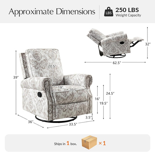 HULALA Home Modern Rocker Recliner, Printed Fabric Swivel Glider with Adjustable Backrest & Footrest, JEACOBEAN