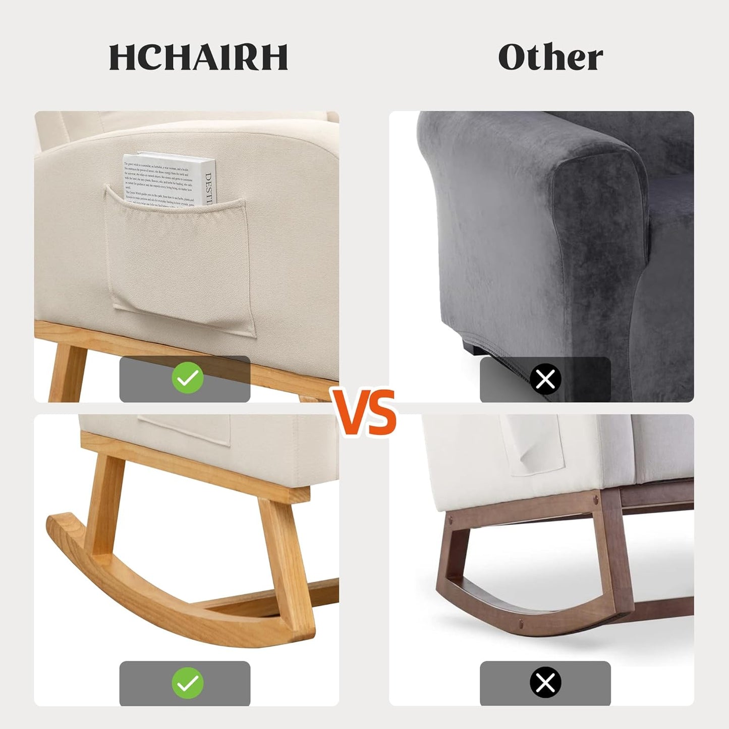 HCHAIRH Rocking Chair Nursery, Upholstered Fabricr Nursing Rocking Chairs with Soft High Back, Modern Nursery Glider Rocker for Mom Living Room, Bedroom, Camel
