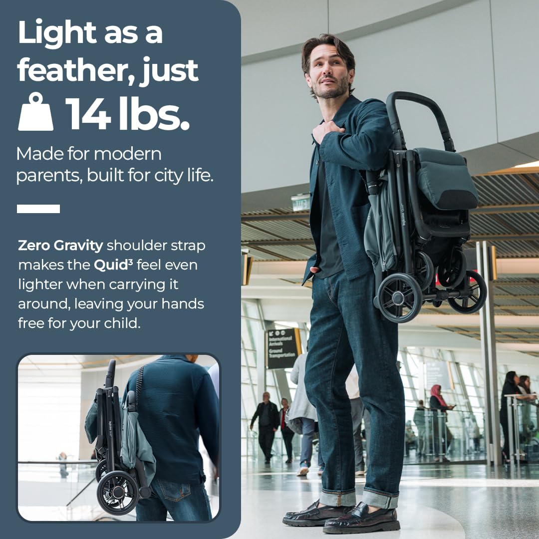 Inglesina Quid³ Lightweight Compact Travel Stroller for Baby & Toddler 0-55 lbs – One-Hand Fold, Reclining Seat, Airline Approved, Car Seat Compatible, UPF 50+ Canopy – Cosmic Black