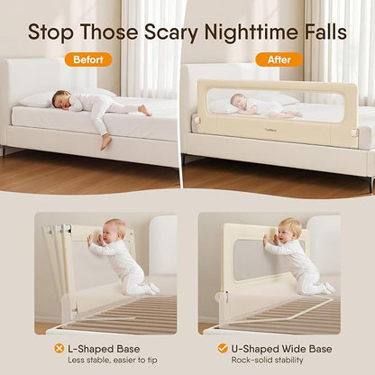 Folding Bed Rail for Toddlers, Baby Bed Rail Guard with Reinforced Anchor Safety System, Toddler Bed Rails for King Size Beds, Twin, Full, Queen (Khaki, 71" L x 21.6" H)