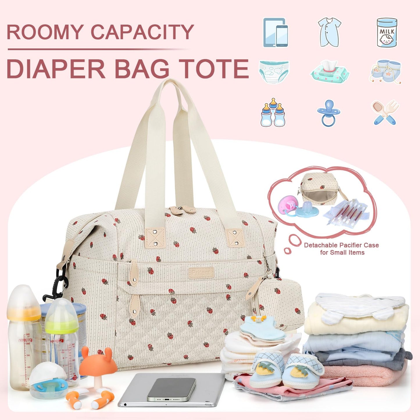 Pritent Diaper Bag Tote - Diaper Baby Bags with Pacifier Case, Shoulder Straps, Stroller Clips, Waterproof Large Mommy Maternity Travel Baby Bag for Mom and Dad, Green, Medium