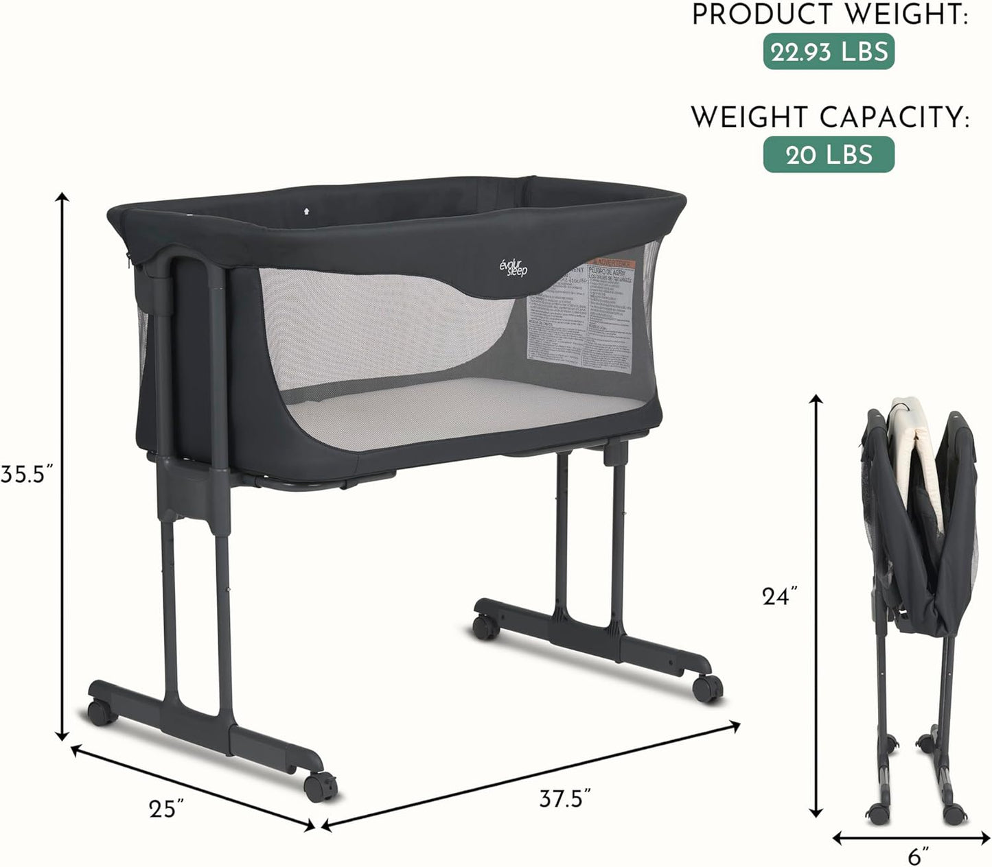 Evolur Kinsley Bedside Bassinet – Quick Fold, Breathable Mesh Sides, Lightweight Portable Baby Sleeper with Carry Bag – Newborn to 6 Months