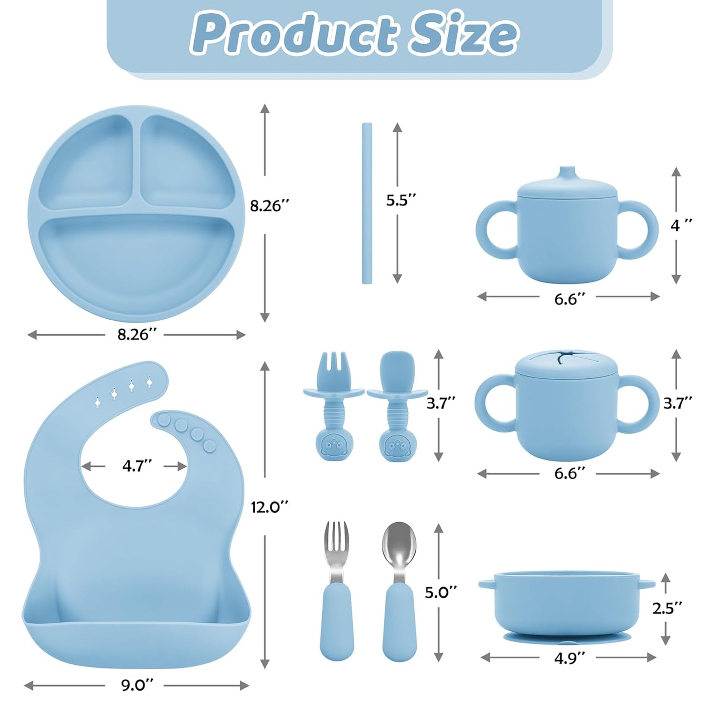 Bufims Silicone Baby Feeding Set, Baby Led Weaning Supplies, Eating Essentials Utensils with Suction Plate and Bowl, Pocket Bib, Sippy Cup with Lid, Forks Spoons Snack Container, for 6+ Months, Green