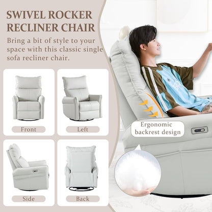 Power Swivel Rocker Recliner Chair for Nursery, Upholstered Snowflake Velvet 270°Swivel Glider Rocker Chair with USB Ports, Small Power Recliners for Small Spaces Living Room
