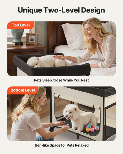 VEVOR Bedside Lounge Pet Bed, Foldable Bunk Dog Bed with 600D Oxford Cloth and Dutch Velvet, Portable Raised Cot with Wheels, Side Storage Bags, and Carry Bag for Cats & Dogs, L, Beige
