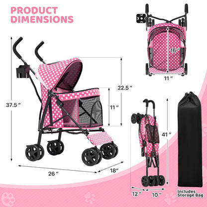 Magshion Compact Pet Stroller for Small-Medium Dogs/Cats up to 22lbs, 4-Wheel Lightweight Umbrella Shaped Portable Puppy Travel Jogger with Breathable Mesh, Cup Holder & Rear Storage, Black