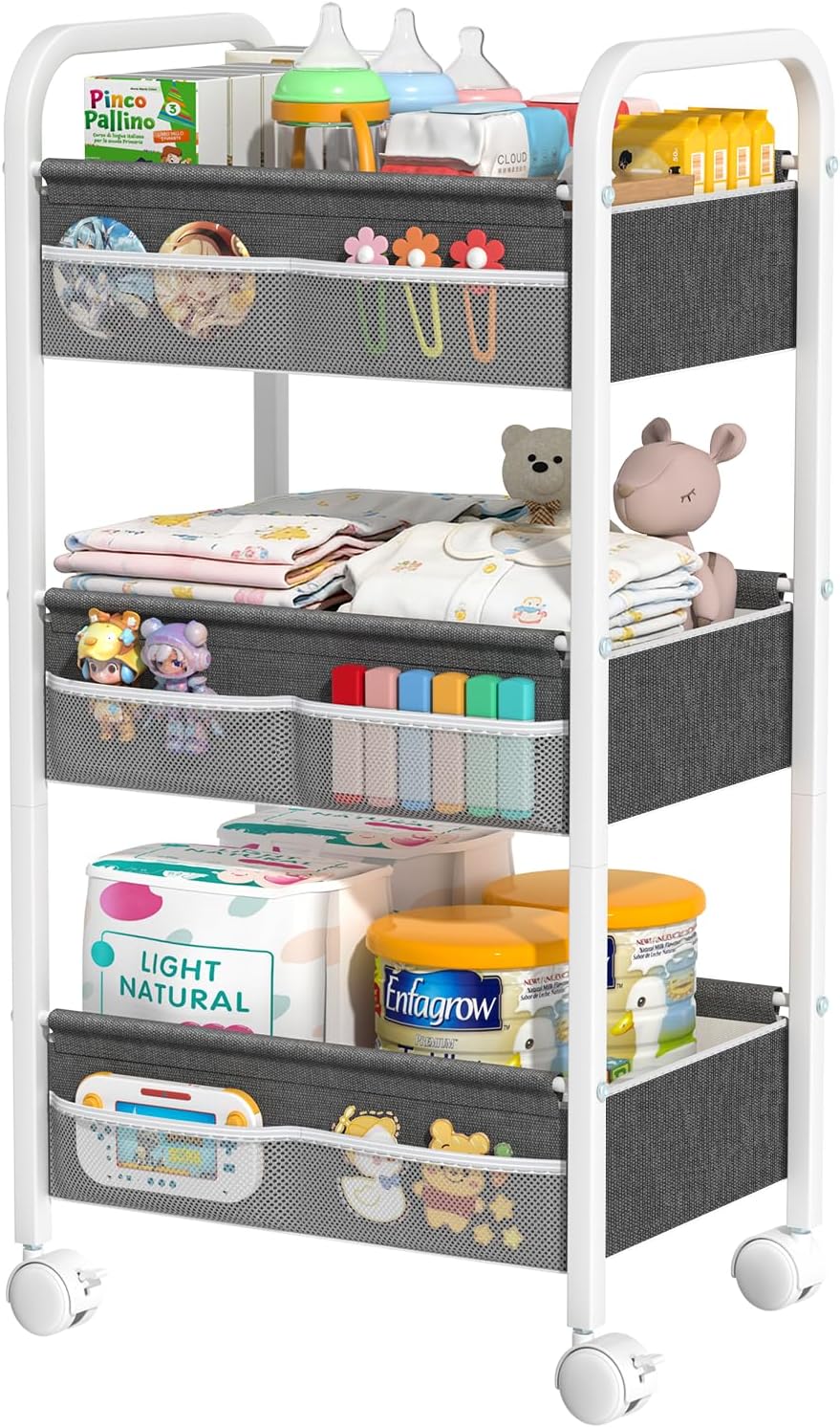 Baby Diaper Caddy Rolling Utility Cart, 3 Tier Baby Essentials Nursery Organizer and Storage with Dividers and Drawers for Crib, Bedroom, Art & Craft Organizer (Black)