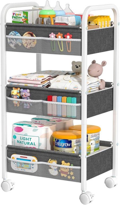 Baby Diaper Caddy Rolling Utility Cart, 3 Tier Baby Essentials Nursery Organizer and Storage with Dividers and Drawers for Crib, Bedroom, Art & Craft Organizer (Black)