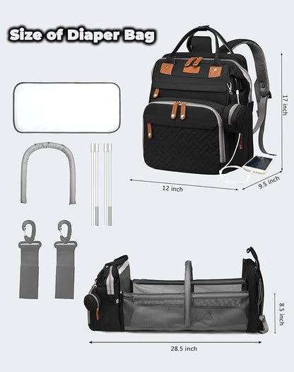 Astro alan Baby Diaper Bags with Changing Station, Waterproof Diaper Bag Backpack for Moms Dads with USB Charging Port, Baby Shower Gifts, Large Capacity diaper backpack, Black