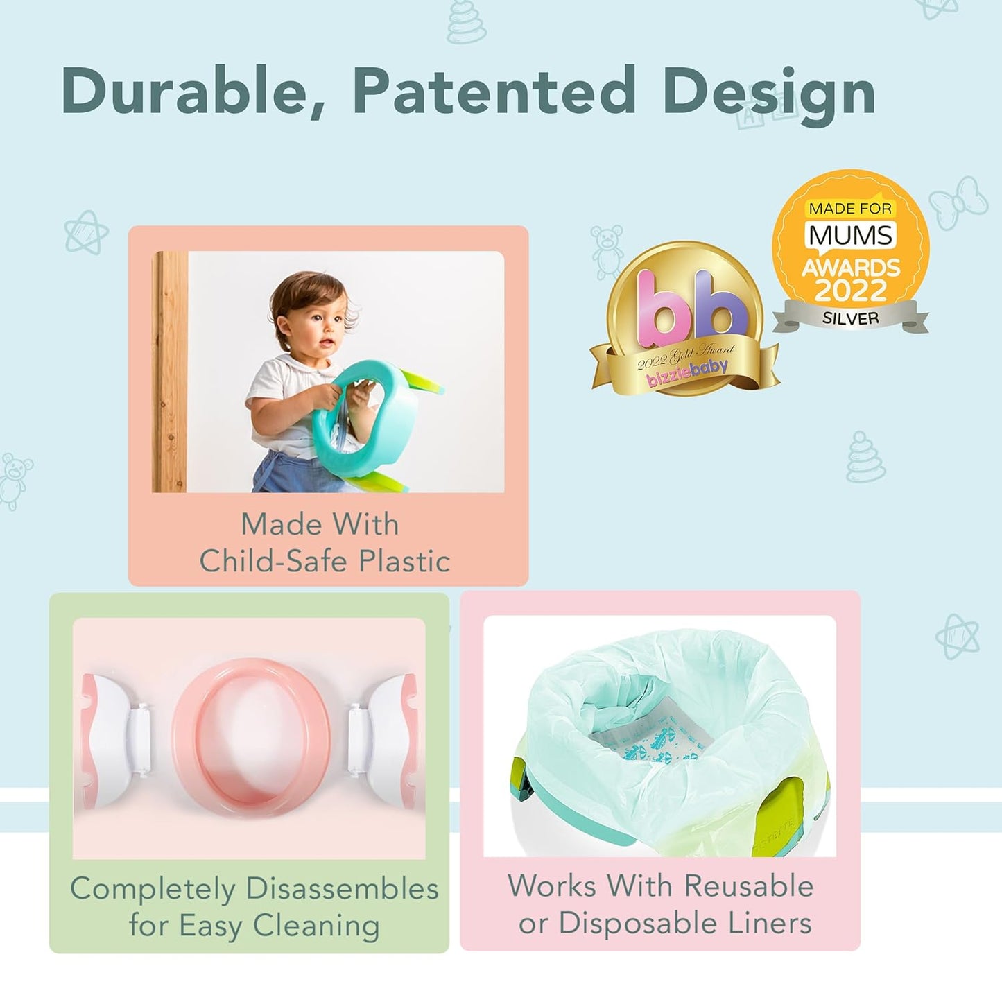 Kalencom Potette Plus 2-in-1 Travel Potty and Trainer Seat - Dual-Purpose Potty Training Toilet Seat - Portable Potty for Toddler Travel - with Durable, Lock-in Legs and Splash Guard - Pastel Mint