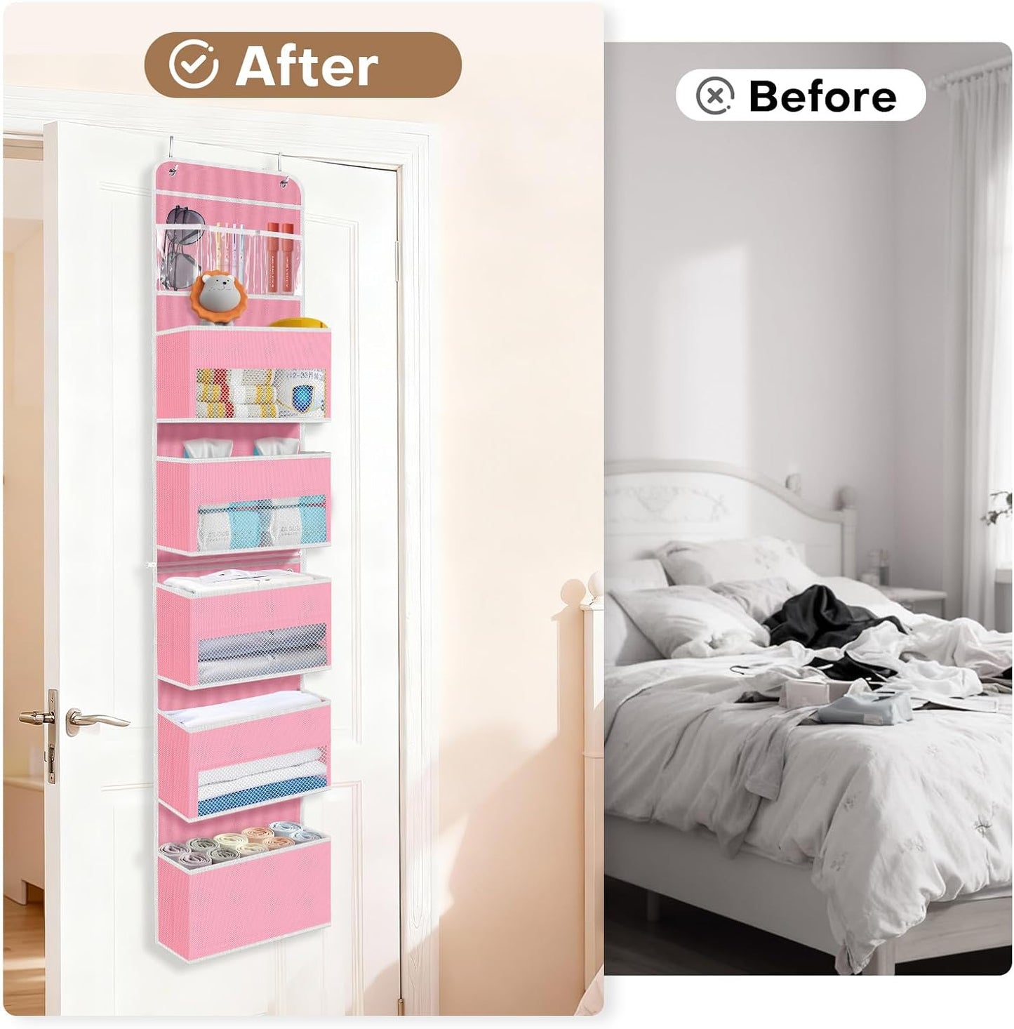 SpaceWhisper Over the Door Organizer, 4 Large Pocket Hanging Storage Organizer with 40lb Capacity, Space Saving for Nursery, Bathroom, Bedroom, Closet - Baby Essentials & Toiletry Organizer (Pink)