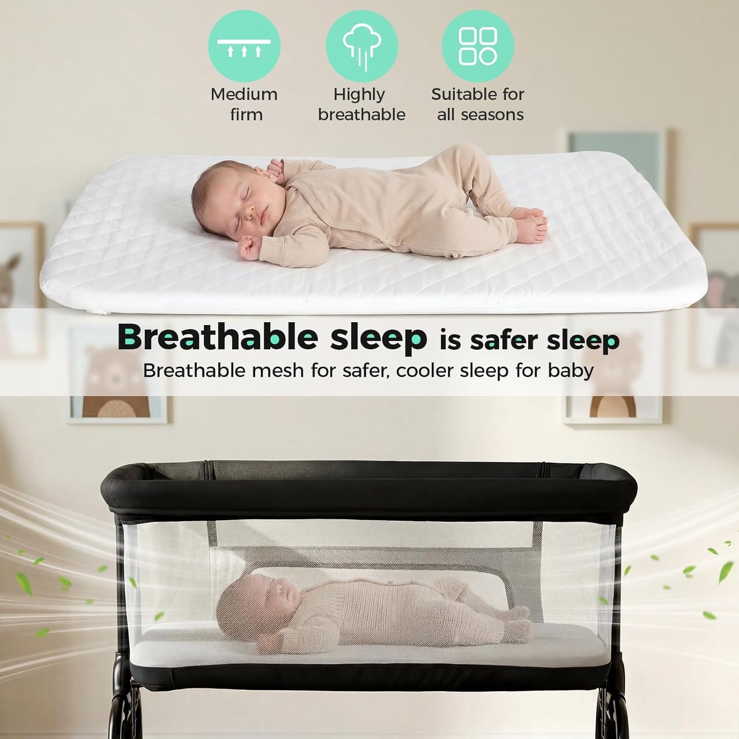Cowiewie Bassinet Bedside Sleeper, Breathable Baby Bedside Bassinet and Mattress, Lightweight and Portable for Bedside Sleeping, Light Grey