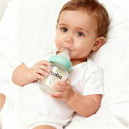 YOHKOH Natural Glass Baby Bottle with Level 1 Slow Flow Nipple, Newborn Anti-Colic Baby Bottles, Wide Neck Mushroom Baby Glass Bottle (Multicolour-A, 3.4oz (Pack of 4))
