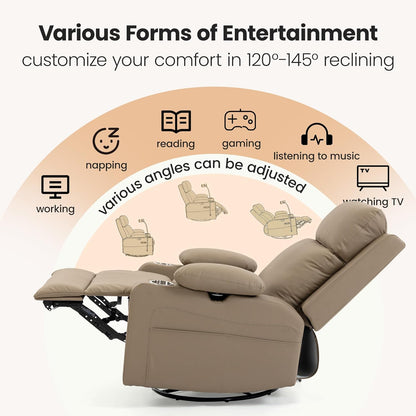 Power Rocking Chair Nursery with Adjustable Armrests and Headrest, Swivel Rocker Recliner with Electric Lumbar Support, Glider Recliners for Breastfeeding, Nursing Chair with USB, Cup Holder, Beige