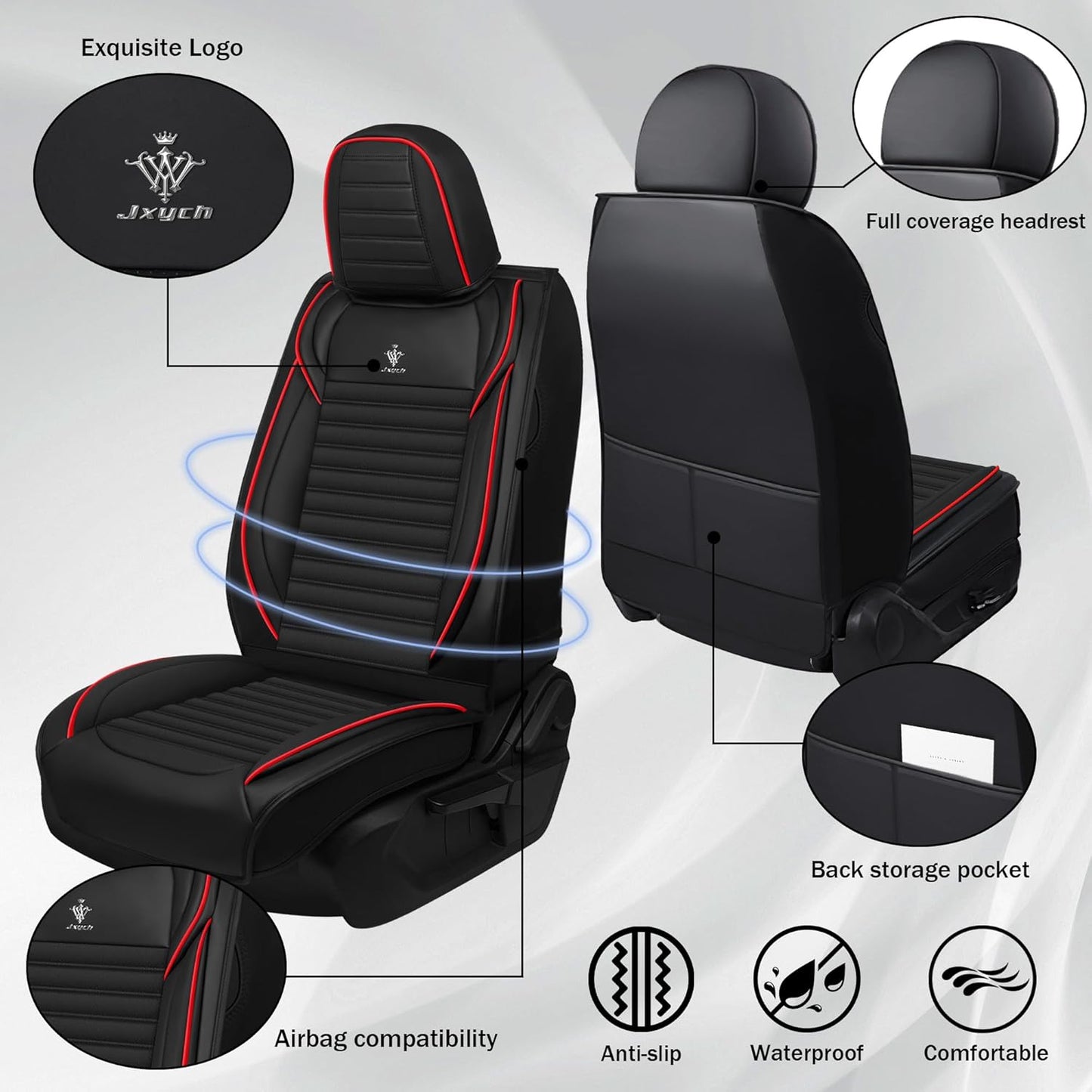Seat Covers Fit for Mini Convertible 2009-2025 Premium Leather Car Seat Covers, Waterproof Non-Slip and Airbag Compatible, Fashion Car Seat Protector (Black Red,Front Set with Pillow)