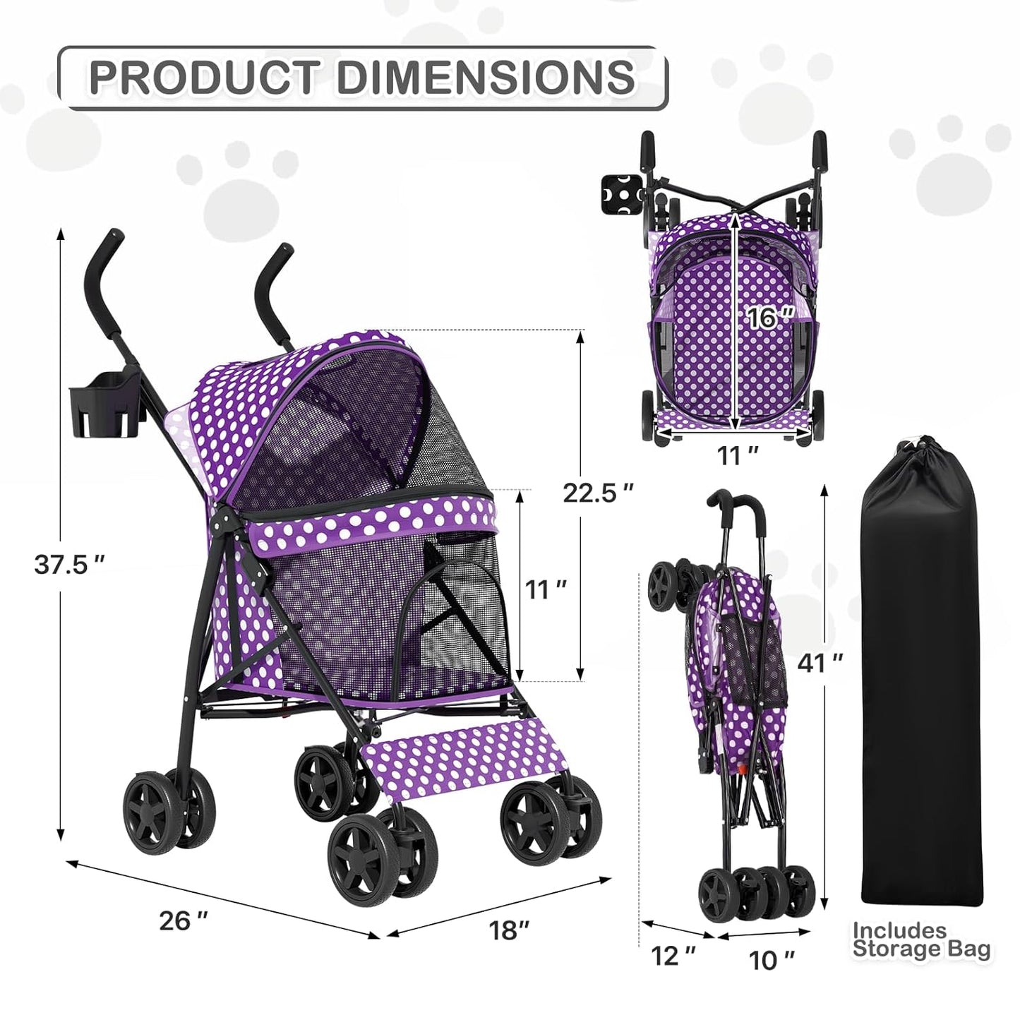 MoNiBloom 4 Wheels Pet Stroller, Easy-Fold Puppy Cage Jogger Stroller with Sun Cover, Pad and Rear Storage Bag, Breathable and Visible Mesh for Small/Medium Pets up to 22 lbs, Black