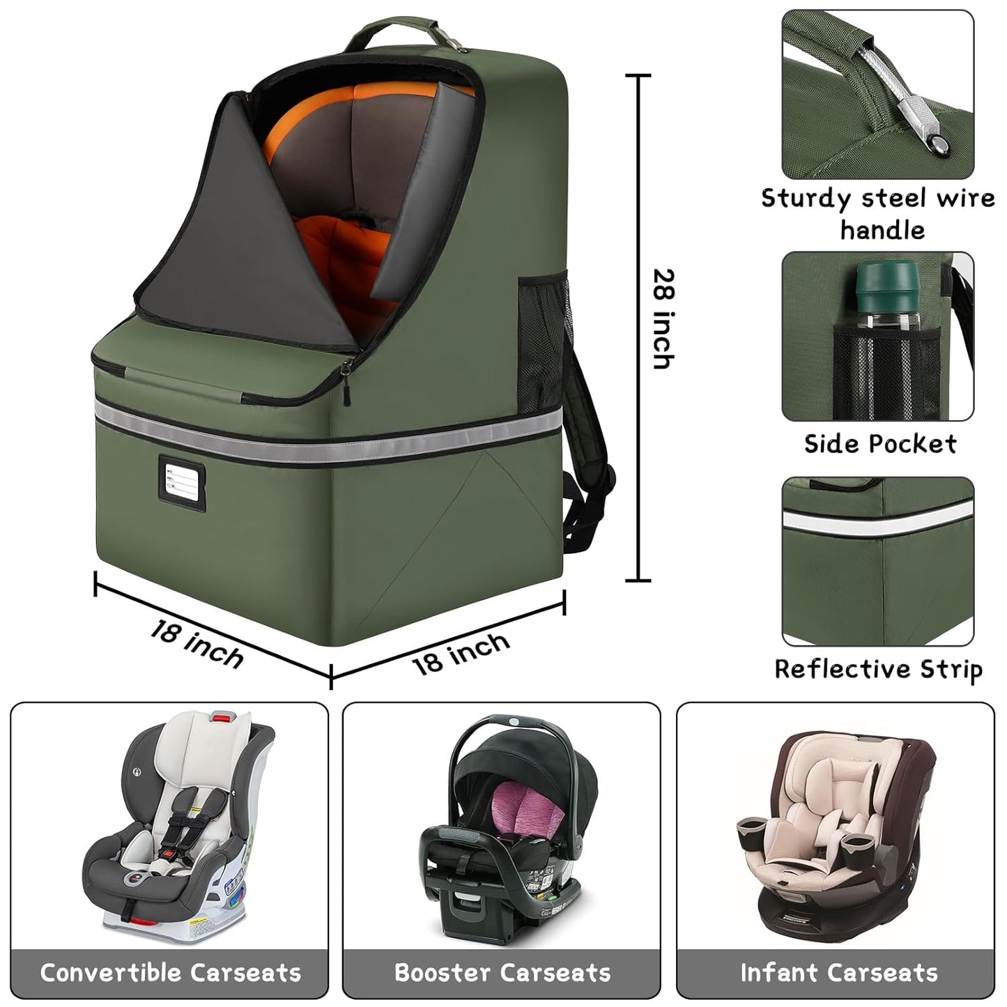 Car Seat Travel Bag,Padded Car Seats Backpack with Steel Cable Handle and Reflective Stripes, Large Durable Carseat Carrier Bag,Airport Gate Check Bag,Infant Seat Travel Bag with Shoulder Strap,Black