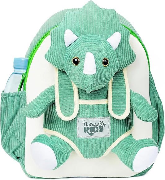 Naturally KIDS Green Dinosaur Backpack for Boys 4-5, Triceratops Dinosaur Gifts for 4-5 Year Old Boys, Girls, Toddler Backpack