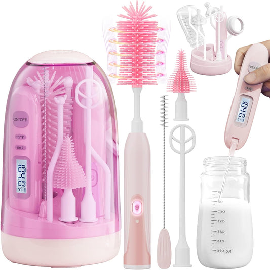 Electric Bottle Brush Cleaner,Rechargable Electric Baby Bottle Brush Cleaner with Thermometer,Silicone Bottle/Nipple/Straw Brush,Drying Rack,Travel Bottle Cleaner Kit for New Moms (Pink)