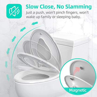JINGZE Round Toddler Toilet Seat Adult/Child,Built-In Potty Training Seat, Soft Quiet Close Non-Slip Seat, Easy to Install & Clean,Magnetic Kids Seat and Cover,White