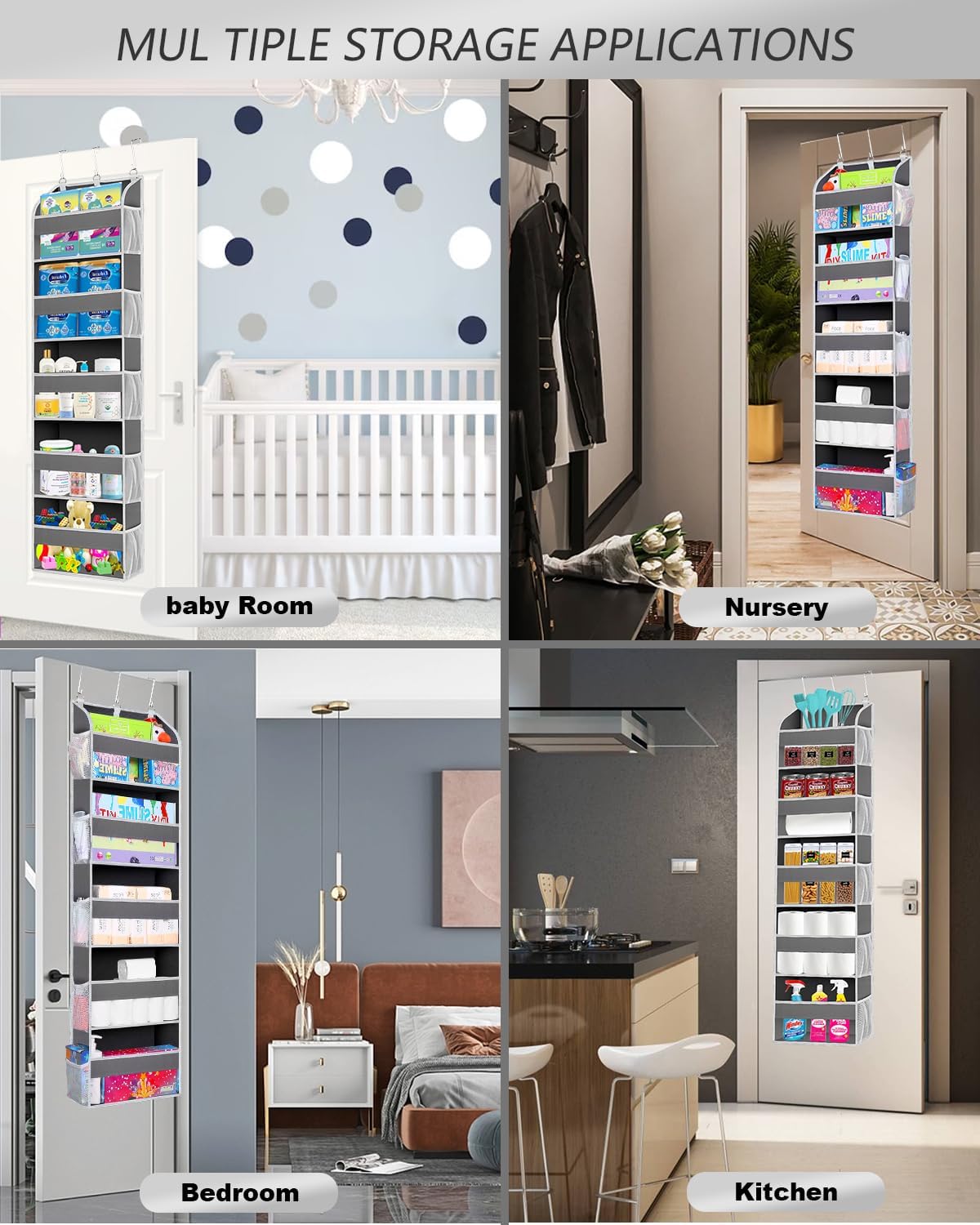 TAHAVICE 1 Pack Over The Door Organizer Storage, Hanging Organizer Closet with 5 Large Pockets 10 Mesh Pockets, 44 lbs Weight Capacity, Behind Door Storage for Nursery Bedroom Bathroom (Dark Grey)