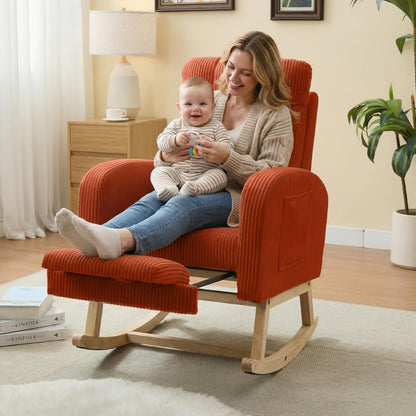 NIOIIKIT Nursery Rocking Chair, Corduroy Upholstered Rocking Chair with Adjustable Footrest, Tufted Rocker Chair with Side Pocket, Glider Rocker for Living Room, Bedroom (Cream Retro)