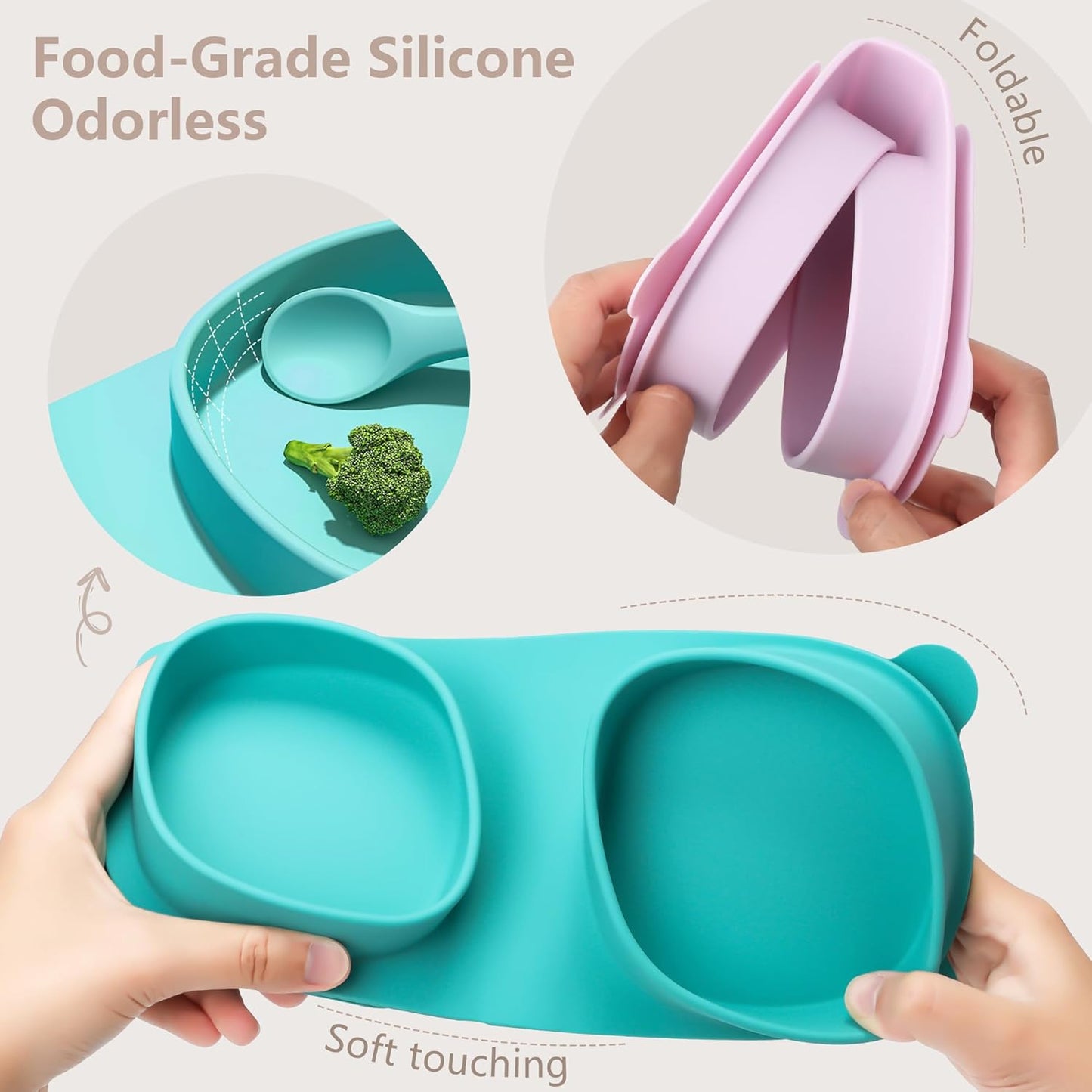 Baby Plates with Suction with Forks and Spoons, Foldable Silicone Toddler Plates, Baby Travel Essential, Microwave & Dishwasher Safe, Purple