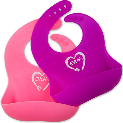 EVLA'S Baby Feeding Set, Baby Led Weaning Supplies, Adjustable Silicone Bibs, Divided Plate, Suction Bowl with Lid, Soft Spoons for Babies or Toddlers, Baby Registry must have!(Pink and Purple)