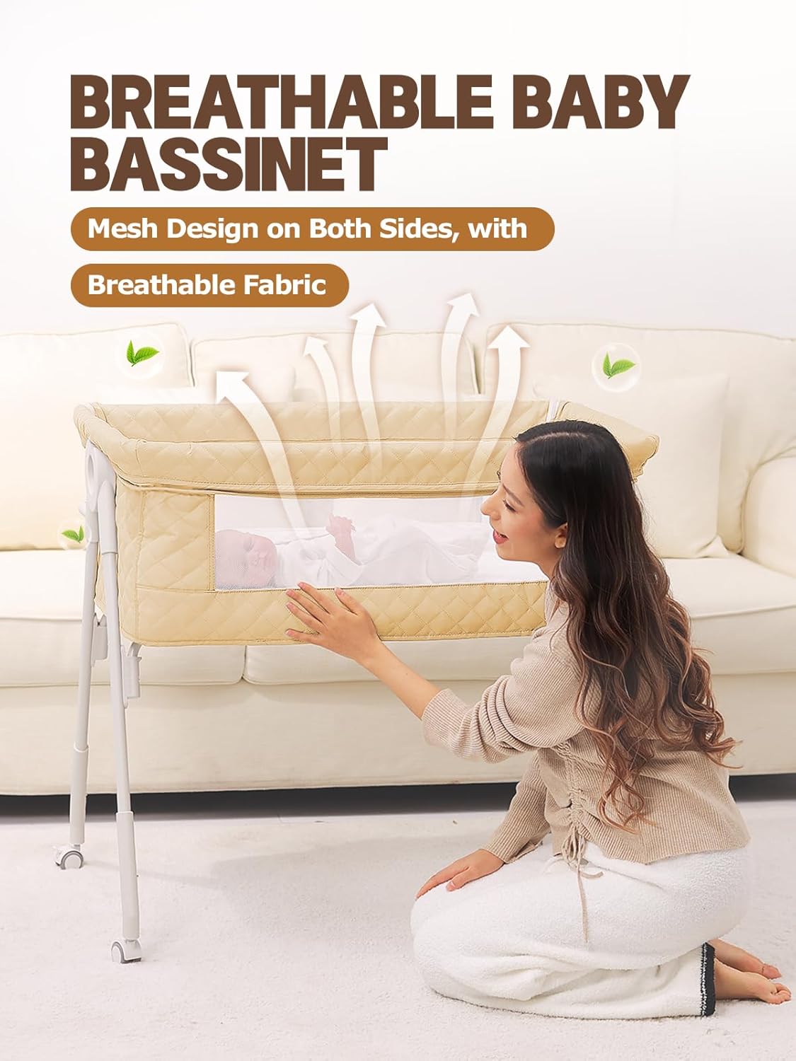 Baby Bassinet Bedside Sleeper - Upgrade Safety Bassinets with Crib Sheet, Easy to Move, 4 Adjustable Height Bedside Bassinet for Infant Newborn, Cream | More Safer, Easy Move, Storage Bag, Waterproof Sheet, Storage Bag, Easy to Install