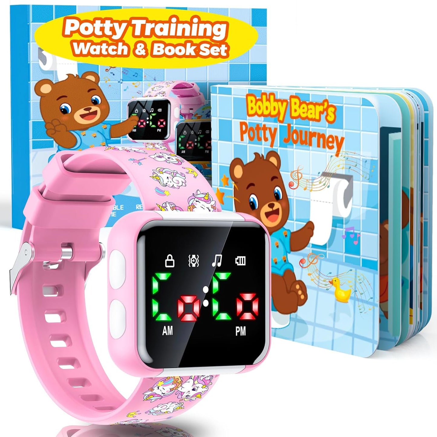 Potty Training Watch and Board Book for Kids: Water Resistant Potty Watches for Toddler Boys Rechargeable Toilet Reminder Dinosaur Toddler Watch 1-3 Birthday Gifts for 2 3 4 Year Old Boy (Blue)