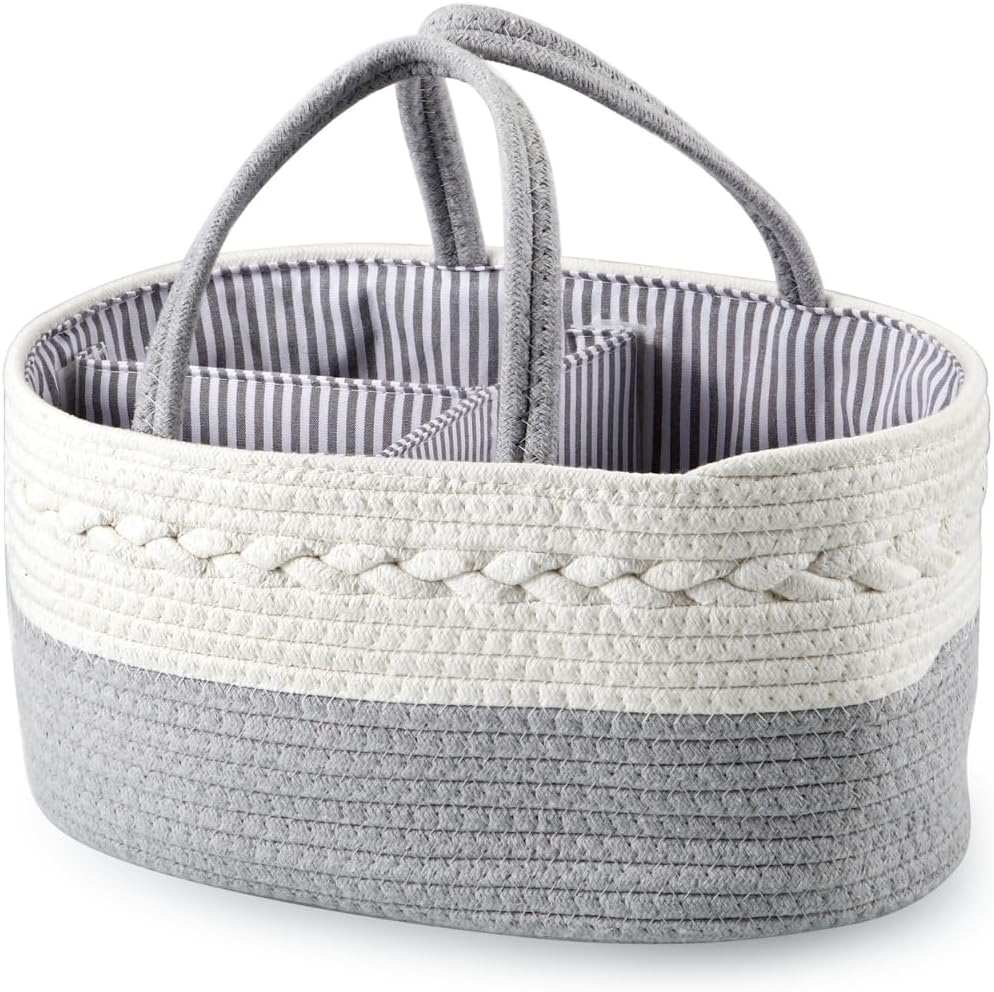 PandaEar Baby Diaper Caddy Organizer for Boys Girls, Portable Baby Diaper Basket, Travel Cotton Rope Diaper Caddy Change Organizer for Baby Shower Gifts Newborn Infants