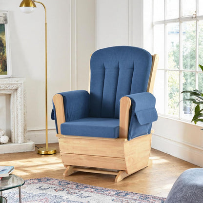 Glider Rocking Chair with Ottoman Set, Solid Wood Nursery Glider Rocker with Padded Cushion, High Back Upholstered Swivel Glider for Living Room, Nursing, Reading, 280LBS Weight Capacity,Oak+Khaki