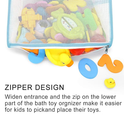Bath Toy Organizer Multiple Ways to Hang, Extra Large Opening Bathroom Toy Holder, Bottom Zipper Bathtub Toy Storage Bag (Blue)