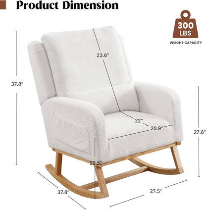 HCHAIRH Rocking Chair Nursery, Sherpa Nursing Rocking Chairs, Upholstered Nursery Glider Rocker for Mom Nursery Morden Accent Rocking Chair Pillow for Living Room,Bedroom,Teddy Light Grey
