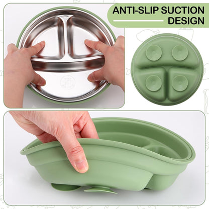 Nuogo 2 Pcs Stainless Steel Baby Suction Plates with Removable Silicone Shell 2-in-1 Metal Toddler Bowl Divided for Picky Eaters Kids Feeding Led Weaning Supplies, Dishwasher Safe (Purple,Green)