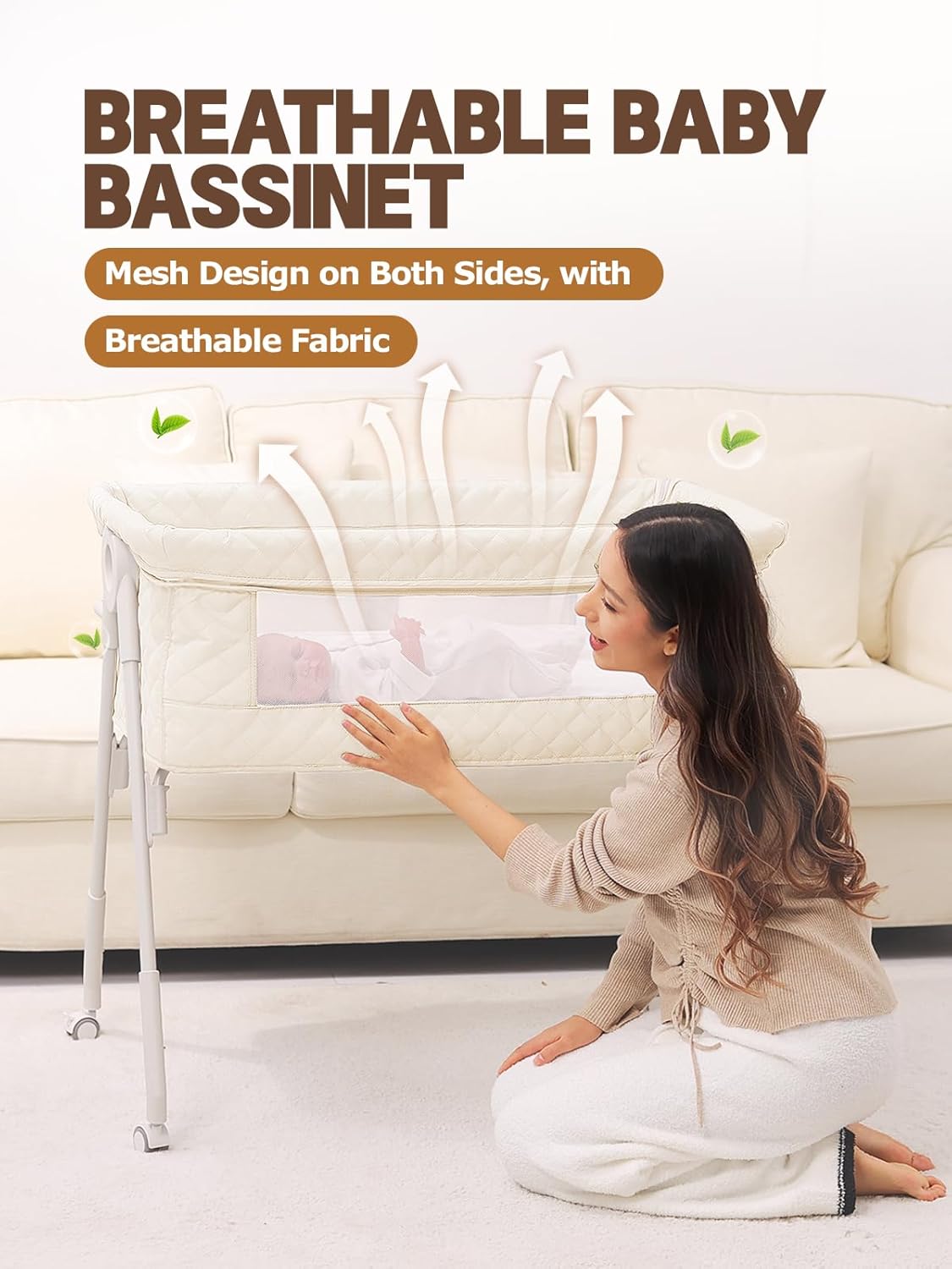 Baby Bassinet Bedside Sleeper - Upgrade Safety Bassinets with Crib Sheet, Easy to Move, 4 Adjustable Height Bedside Bassinet for Infant Newborn, Cream | More Safer, Easy Move, Storage Bag, Waterproof Sheet, Storage Bag, Easy to Install