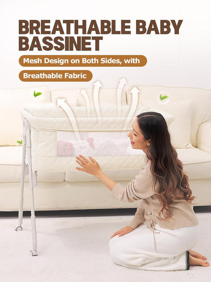 Baby Bassinet Bedside Sleeper - Upgrade Safety Bassinets with Crib Sheet, Easy to Move, 4 Adjustable Height Bedside Bassinet for Infant Newborn, Cream | More Safer, Easy Move, Storage Bag, Waterproof Sheet, Storage Bag, Easy to Install