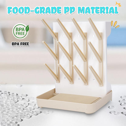 Baby Bottle Drying Rack: Space Saving Vertical Bottle Drying Holder with Brushes Holder - Large Bottle Storage Holder Organizer 12 Bottles & Baby Accessories,BPA-Free, Beige