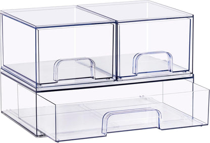 Sorbus Stackable Acrylic Storage Drawers – 2 Small + 2 Tall + 1 Wide – 5 Pack Clear Plastic Organizer Bins for Baby Bottles, Makeup, Bathroom & Vanity, Pull-Out Drawer Design for Kitchen Cabinets