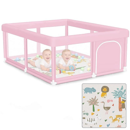 Hiaksedt Large Baby Playpen with Mat 50"x50" Baby Girl Play Pen for Babies and Toddlers, Safe Structure and Soft, Skin-Friendly Fabric with Zipper Gates Pink