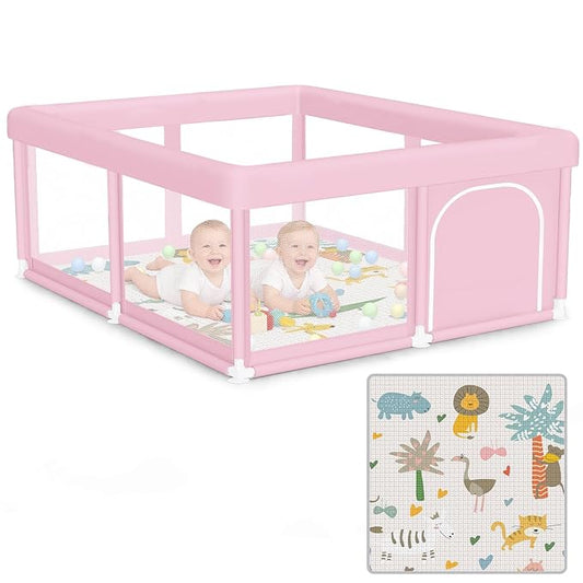 Hiaksedt Large Baby Playpen with Mat 50"x50" Baby Girl Play Pen for Babies and Toddlers, Safe Structure and Soft, Skin-Friendly Fabric with Zipper Gates Pink